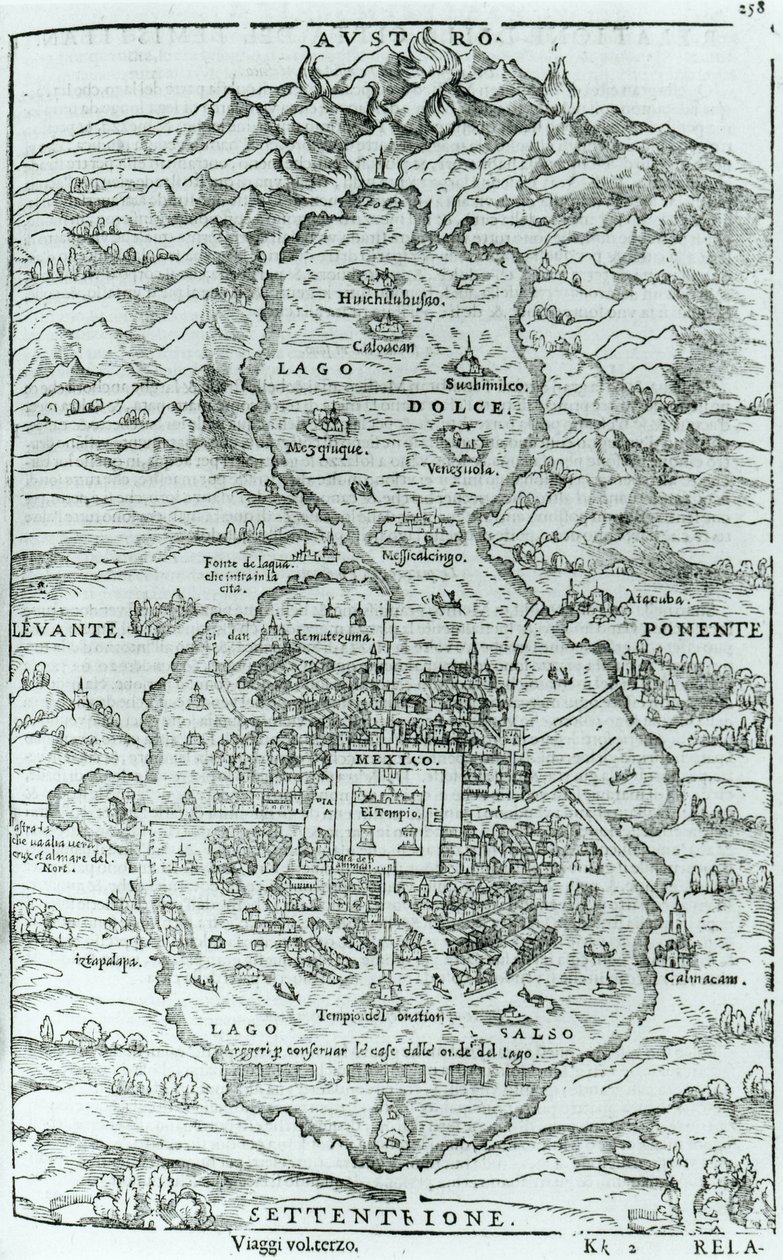 Widok od północy azteckiego miasta Tenochtitlan, z Relatione della Citta del Temistitan autorstwa Giovanniego Battisty Ramusio (1485-1557) opublikowany w Wenecji 1606 autorstwa Italian School