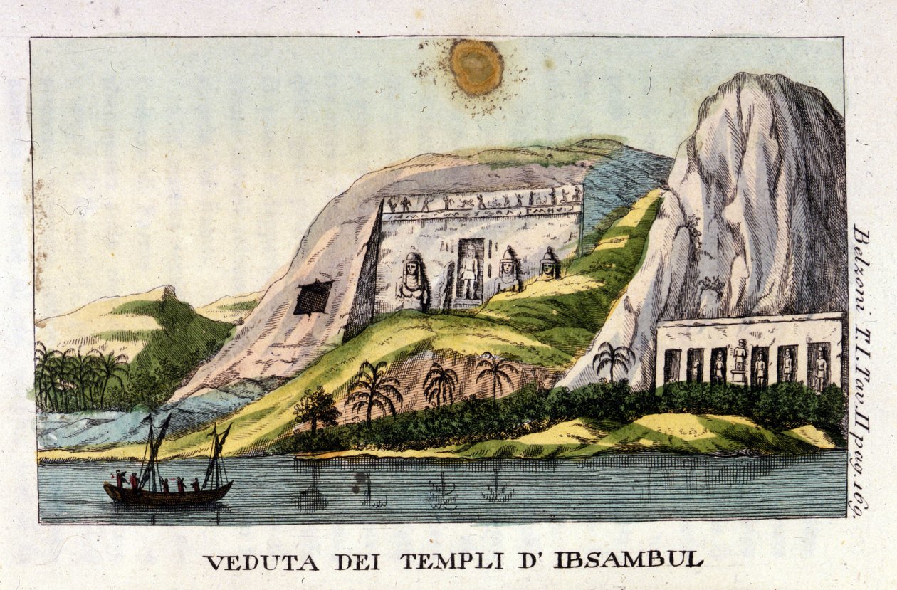 Widok świątyni Abu Simbel. Autor Giovanni Battista (Gianbattista) Belzoni (1778-1823), włoski badacz i archeolog, dokonał ważnych odkryć archeologicznych w Egipcie. Grawerowanie — w „”Viaggio in Egitto e in Nubia”” firmy Belzoni, Mediolan autorstwa Italian School