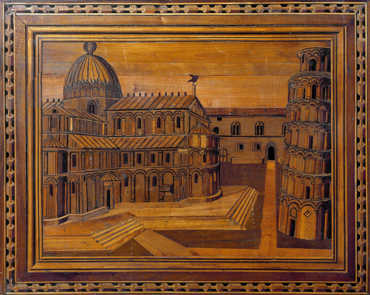 Widok katedry w Pizie (Duomo di Santa Maria Assunta di Pisa) i Krzywej Wieży (wisiorek Torre) na Placu Cudów (Piazza dei Miracoli) Intarsja z XV wieku. Zachowane w prezbiterium katedry, Pisa autorstwa Italian School