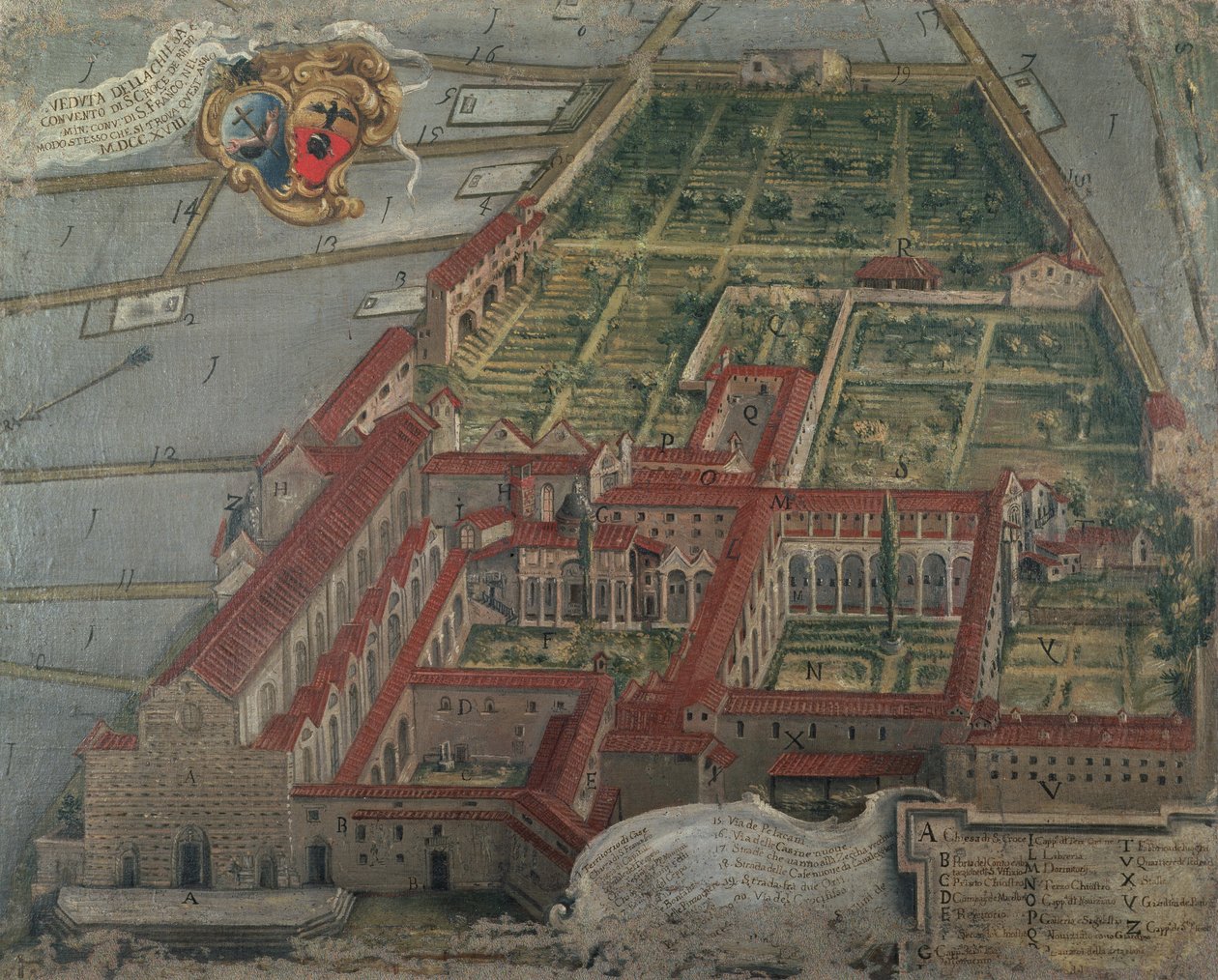 Widok kościoła i klasztoru Santa Croce w 1718 r. autorstwa Italian School