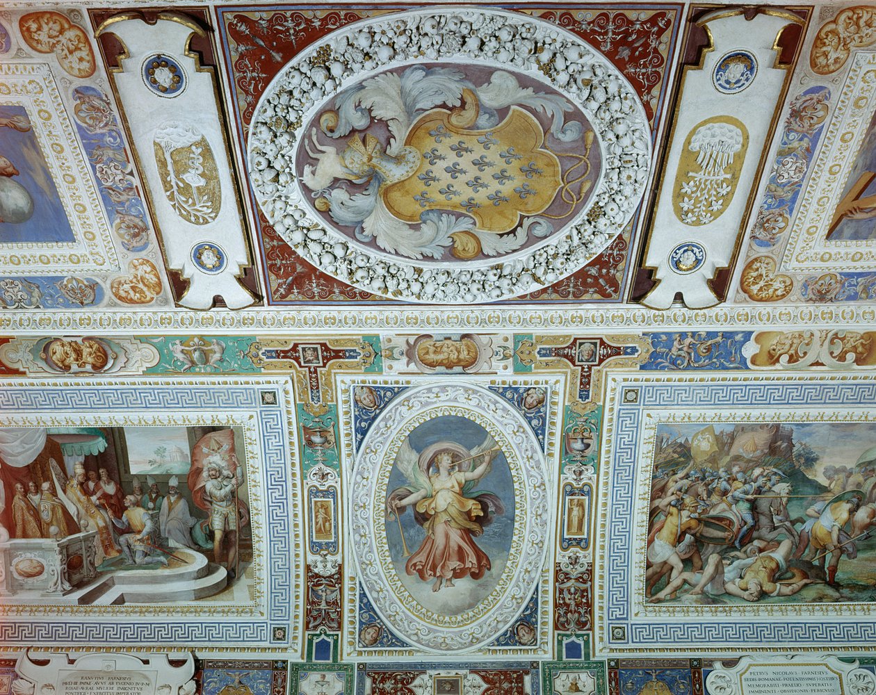 Widok na Sala dei Fasti Farnese (Sala Splendorów Farnese) wymyślona przez Onofrio Panvinio i z freskami Taddeo (1529-66) i Federico Zuccaro (1540-1609) 1557-83 (szczegół) autorstwa Italian School
