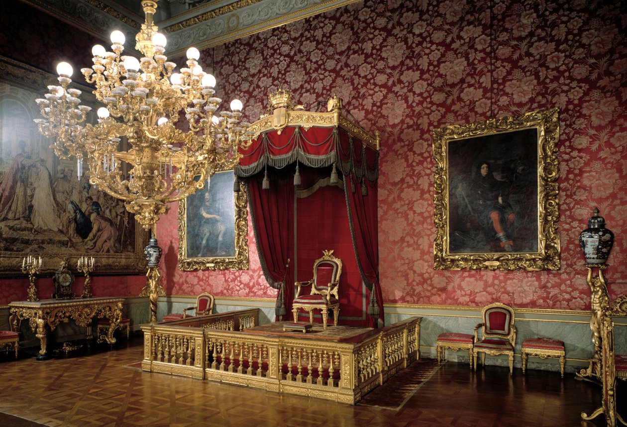 Widok na Salę Tronową lub Salę Szambelanów XIX-wieczne Apartamenty Królewskie, Palazzo Pitti, Florencja Włochy autorstwa Italian School