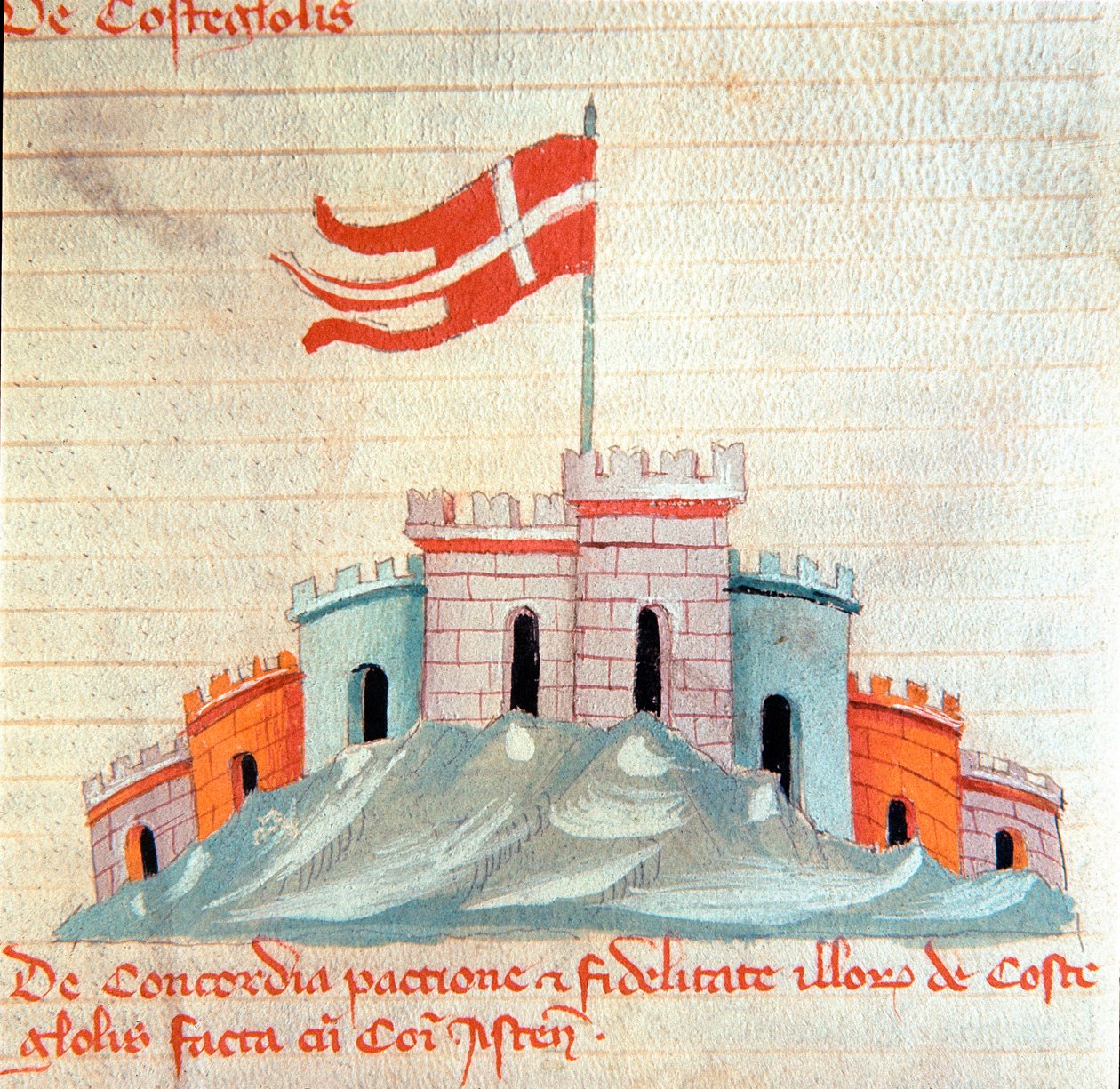 Widok zamku Castiglione w Toskanii Miniatura z „”Codex Astensis”” (lub Malabayla), kroniki miasta Asti w latach 1065-1353. XIV wiek. Zachowaj u burmistrza Asti autorstwa Italian School