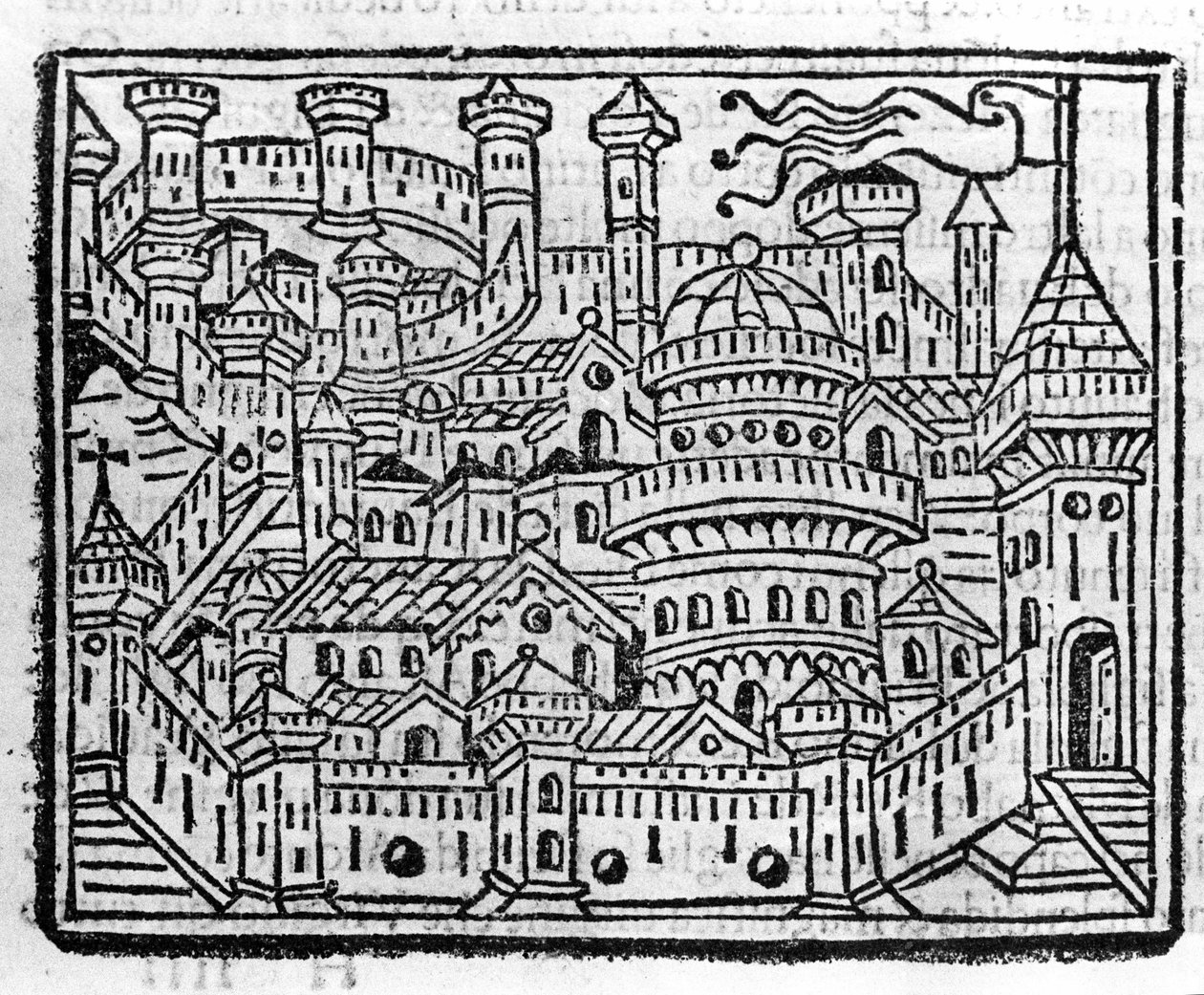 Widok na miasto Aosta we Włoszech. Grawer w „Dodatku do kroniki” autorstwa Fra Jacopo Filippo Foresti, Wenecja autorstwa Italian School