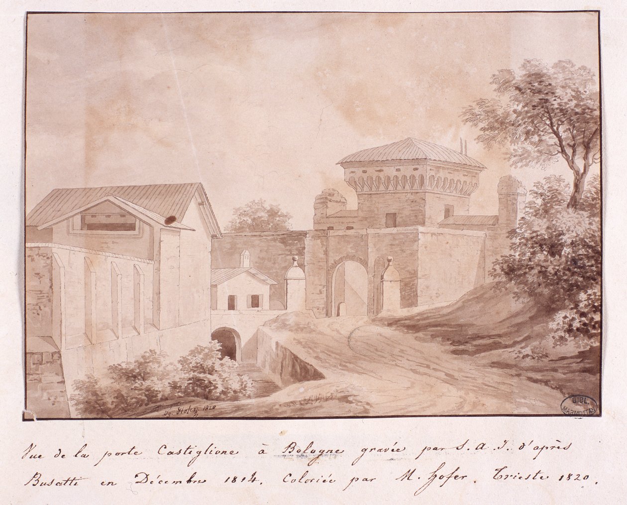 Widok bramy Castiglione w Bolonii, rytowanej przez S.A.I. wg Busatti, grudzień 1814 (kolorowy grawerunek) autorstwa Italian School
