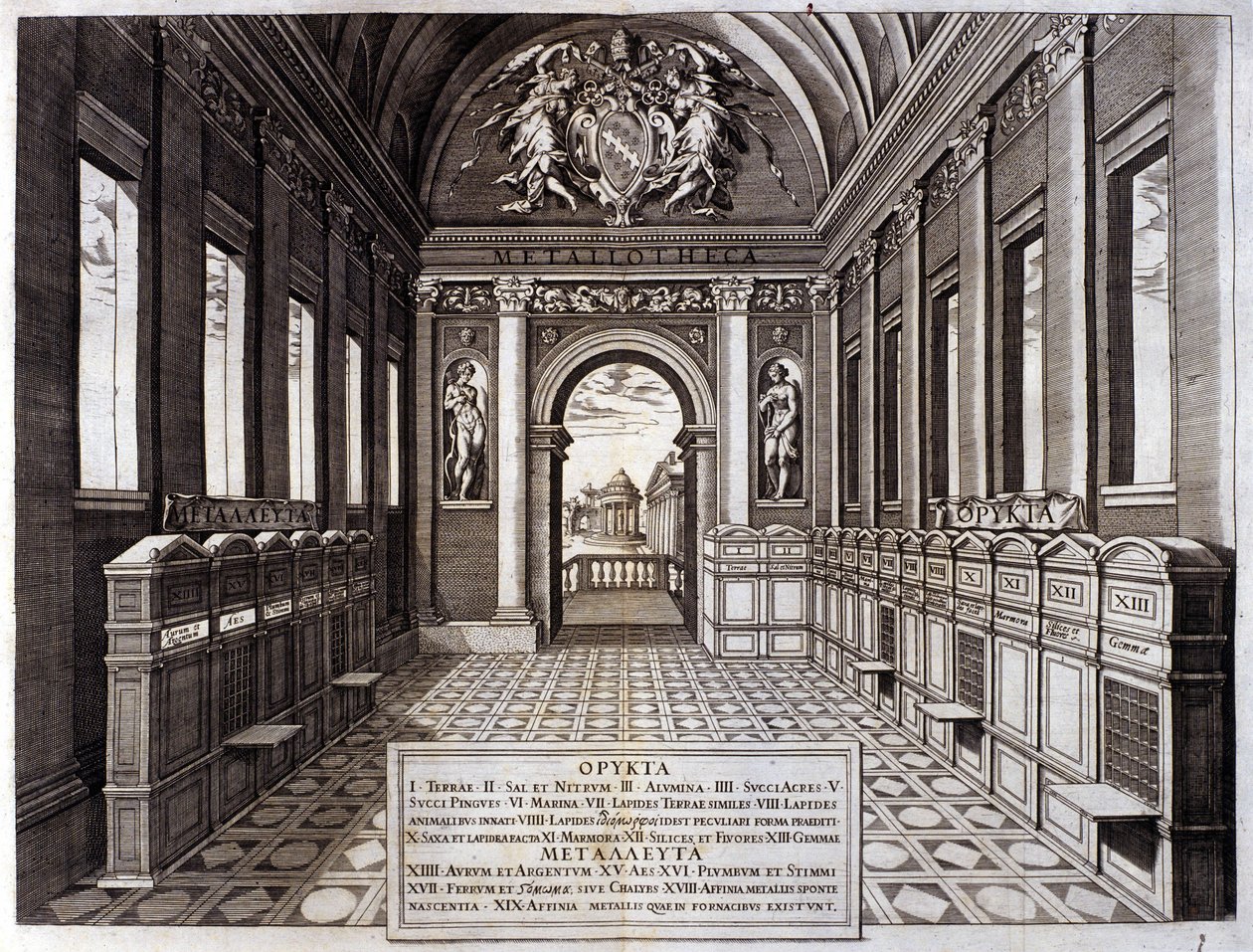 Widok na muzeum Michele Mercati (1541-1595), zarządcy Watykańskiego Ogrodu Botanicznego. Grawerowanie z „”Metallotheca...” Rzym 1717 - 1719 autorstwa Italian School