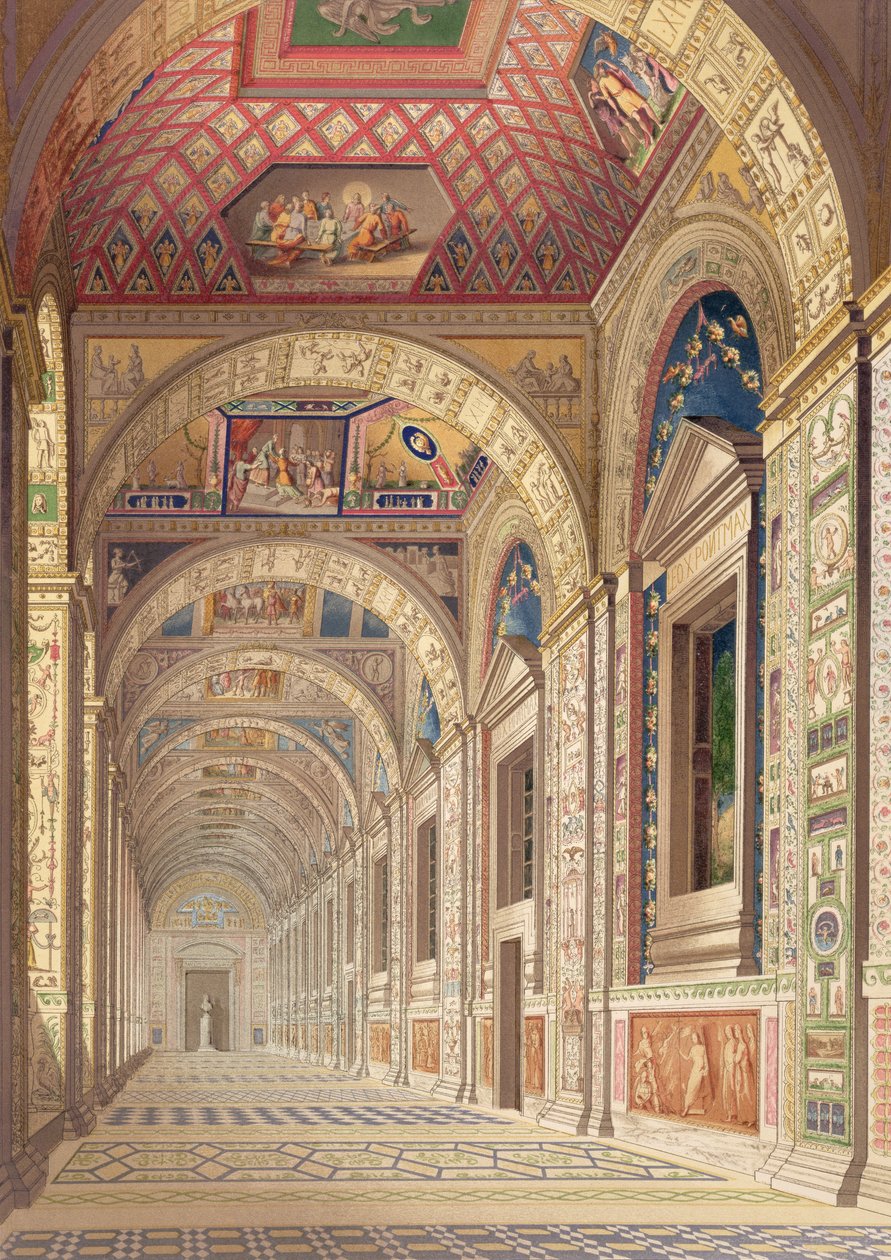 Widok loggii II piętra w Watykanie, z dekoracją Rafaela, z Delle Loggie di Rafaele nel Vaticano, wydana jako listek luźny w wydaniu z 1814 r. (rycina ręcznie kolorowana) autorstwa Italian School