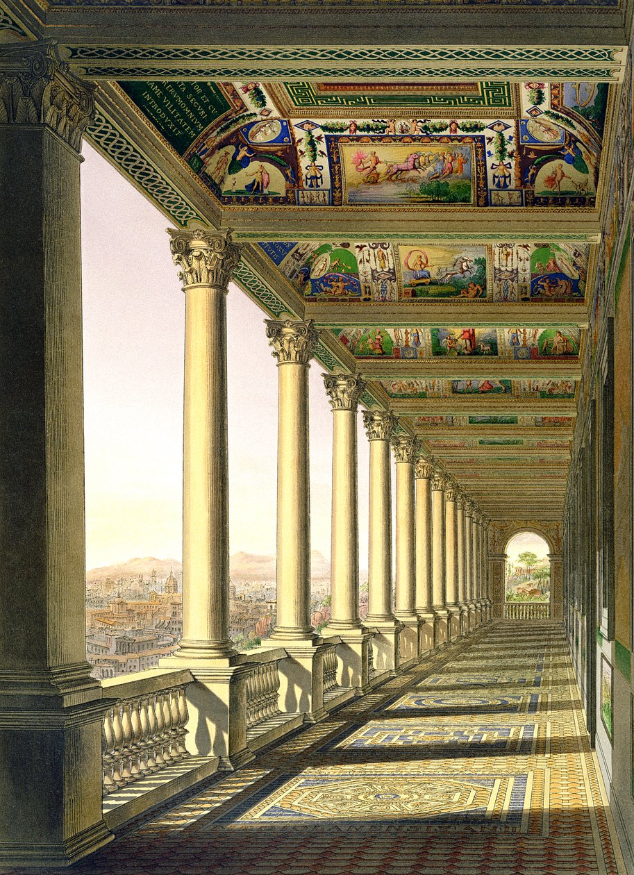 Widok loggii III piętra w Watykanie, z dekoracją Rafaela, z Delle Loggie di Rafaele nel Vaticano, wydana jako liść luźny w nakładzie z 1814 r. (rycina ręcznie kolorowana) autorstwa Italian School