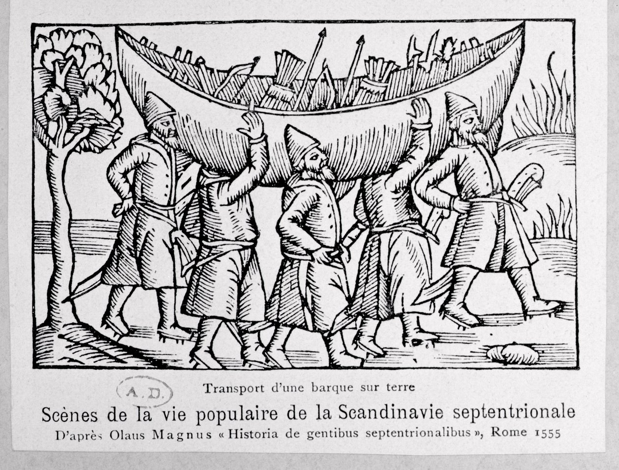 Wikingowie niosący łódź do Rosji, ilustracja z Historii narodów północnych autorstwa Olausa Magnusa (1490-1558), opublikowana w Rzymie, 1555 autorstwa Italian School