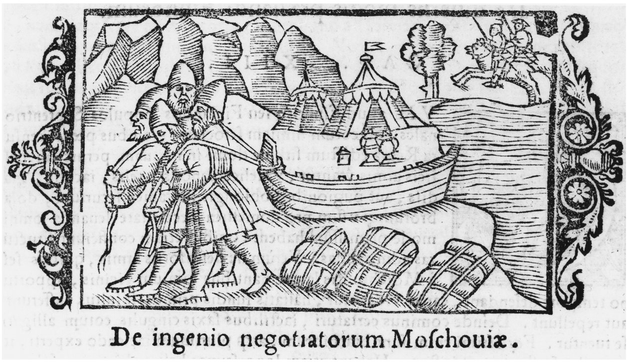 Wikingowie niosący łódź do Rosji, ilustracja z Historii Narodów Północy Olausa Magnusa (1490-1558), opublikowana w Rzymie, 1555 autorstwa Italian School
