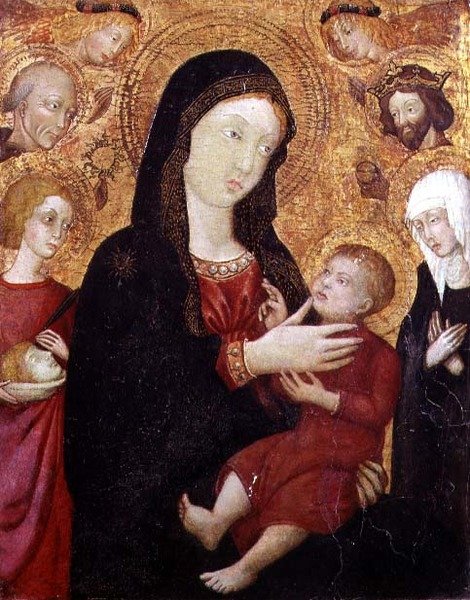 Dziewica z Dzieciątkiem ze S. Bernadino, Zygmuntem, Klarą i Crescentius, 2. poł. XV w. (tempera na desce) autorstwa Italian School