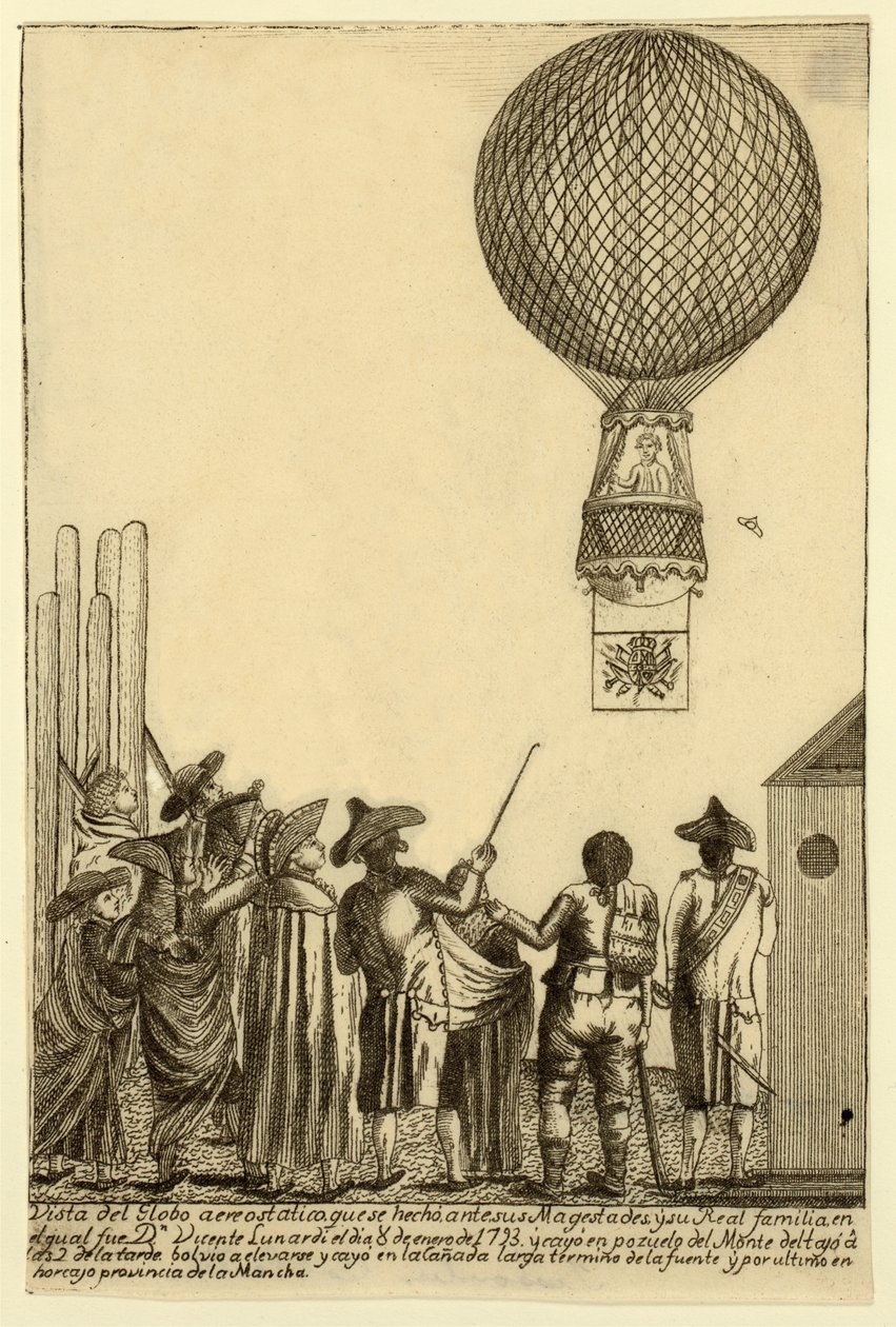 Widok na balon na ogrzane powietrze, który powstał przed jego majestatem pubem. 1793. autorstwa Italian School