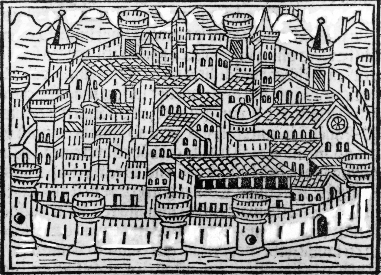 Miasto otoczone murami z Supplementum Chronicarum autorstwa Giacomo Filippo Foresti, 1506 autorstwa Italian School