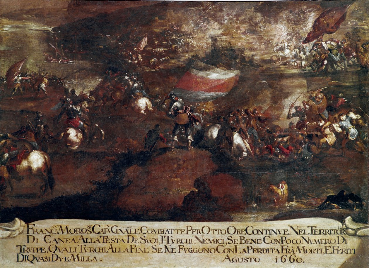 Wojna o Candia (Kreta): „”Bitwa o Chanię prowadzona przez Francesco Morosiniego (1619-1694) w sierpniu 1660” (Wojna kreteńska (1645-69): szturm na Caneę pod dowództwem Francesco Morosiniego w sierpniu 1660) Szkoła wenecka autorstwa Italian School
