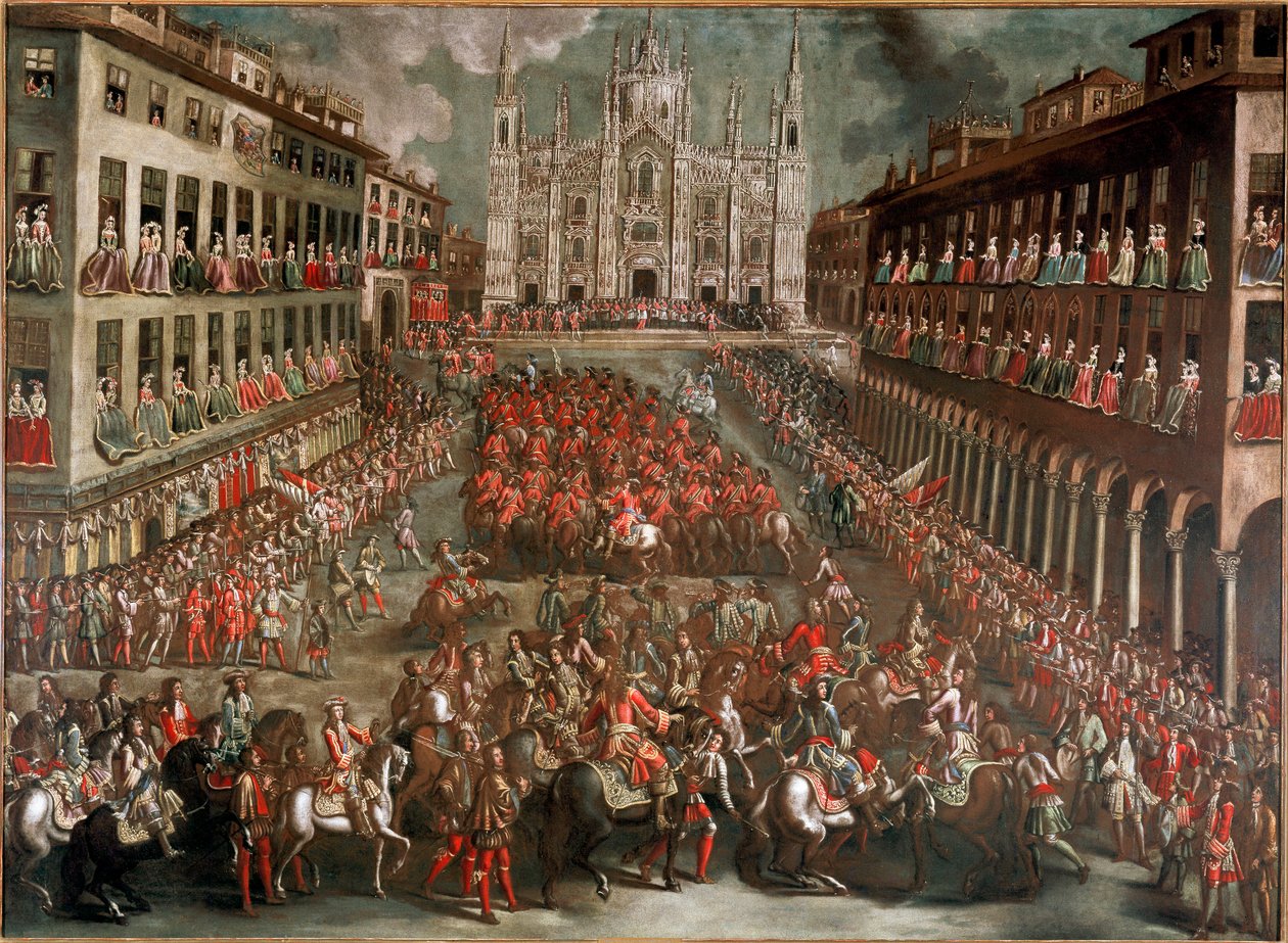 Wojna o sukcesję hiszpańską: „”Uroczystości zorganizowane z okazji wjazdu do Mediolanu księcia Eugenio di Savoia (1663-1736) na czele zwycięskiej armii po bitwie pod Turynem w dniu 24.09.1706” (obchody na Piazza Duomo w Mediolanie dla zwycięzcy autorstwa Italian School