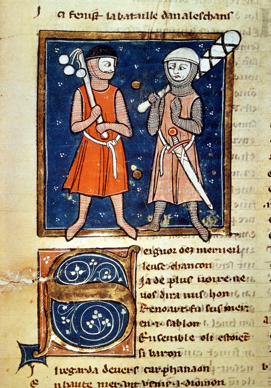 Herby maczug wojowników - w „”Menach Wilhelma”””, rękopis z XIII wieku. biblioteca Trivulziana. Mediolan autorstwa Italian School
