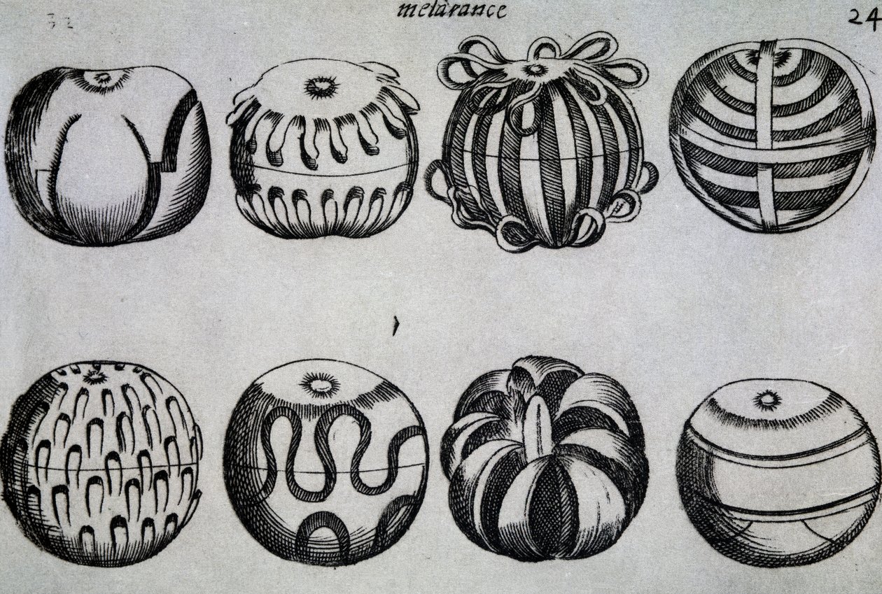 Sposoby siekania owoców, ilustracja z Trzech traktatów bawarskiego Messer Mattia Giegher z Mosburc, Niszczarka Najwybitniejszego Narodu Niemieckiego w Padwie, Włochy autorstwa Italian School