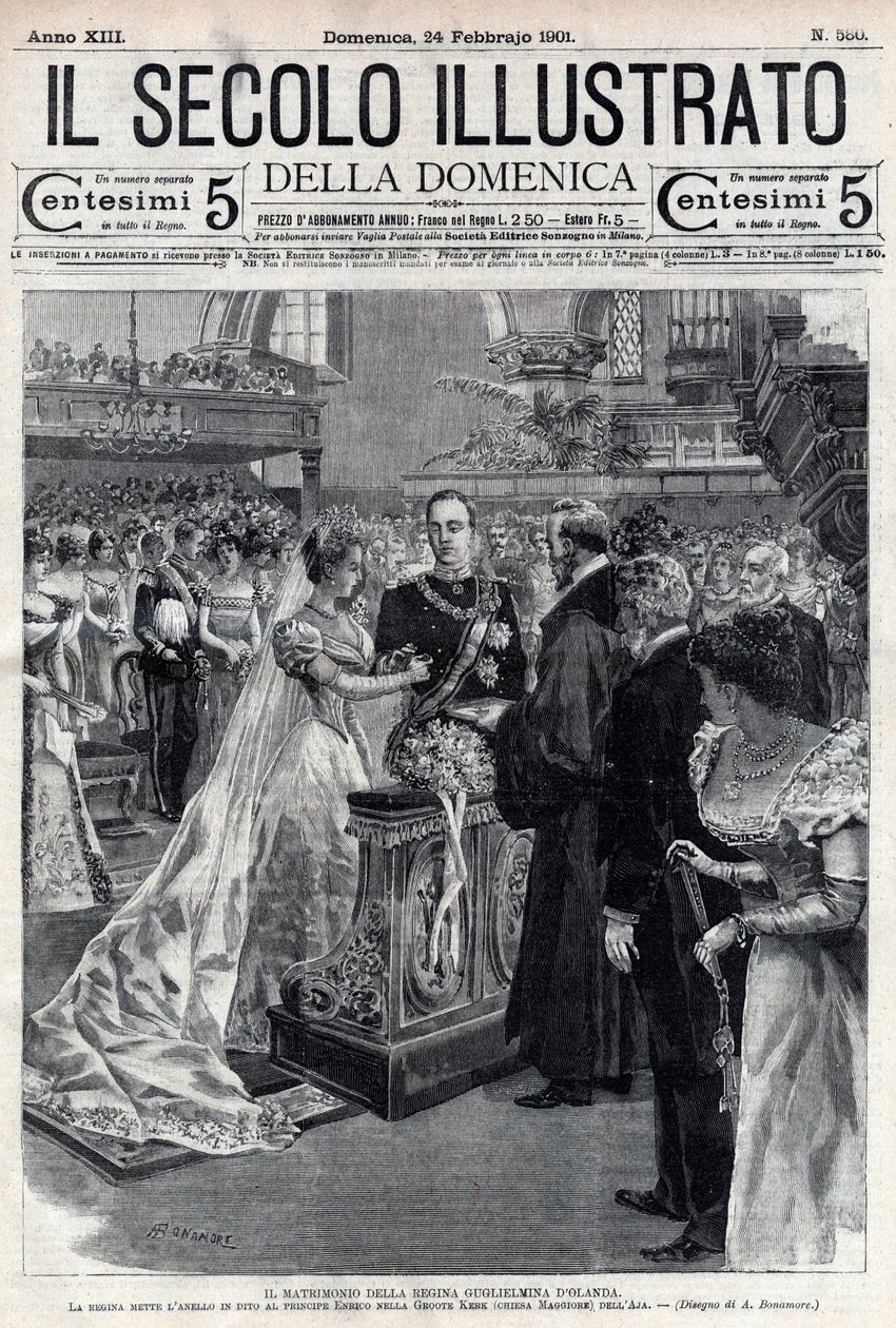 Ślub królowej Wilhelminy Holandii i księcia Henryka Mekleburga 1901 - Ślub królowej Wilhelminy Holandii (1880-1962) i księcia Henryka Mekleburga Schwerin (1876-1934) - okładka „Il secolo illustrato” z dnia 24 lutego autorstwa Italian School