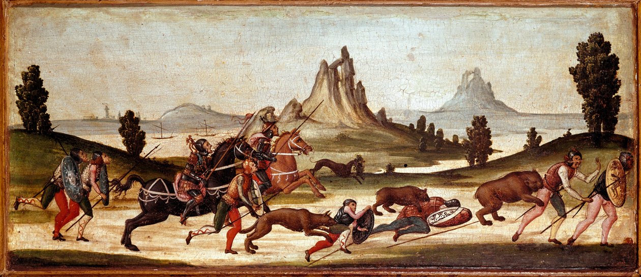 Scena polowania na dziką zwierzynę Łowcy zostają pogryzieni przez zwierzęta. Malarstwo szkoły sieneńskiej. XV-wieczna Florencja, Museo Nazionale del Bargello autorstwa Italian School