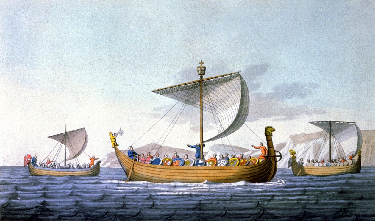 Wilhelm Zdobywca i jego marynarka wojenna udają się do Anglii, ilustracja z „Le costume ancien ou moderne”, J. Ferrario, Mediolan, ok. 1820 r. (kolorystyka) autorstwa Italian School