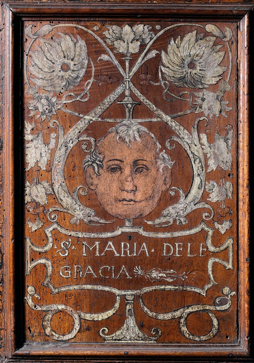 Drewniana tablica ozdobna z twarzą i napisem "Santa Maria delle Gracia", zakrystia del bramante 1429-1481 Basilica di Santa Maria delle Grazie Mediolan (drewniana ławka ozdobiona twarzą i napisem "Santa Maria delle Gracia", zakrystia Bramante autorstwa Italian School
