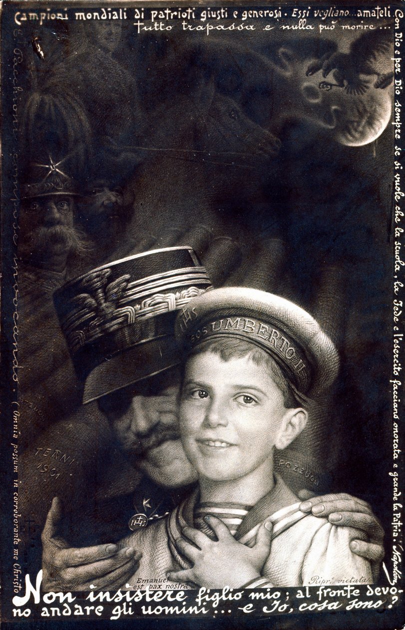 I wojna światowa: zbrojne wkroczenie armii włoskiej: Wiktor Emmanuel III trzymający księcia Umberto (karta do druku) autorstwa Italian School