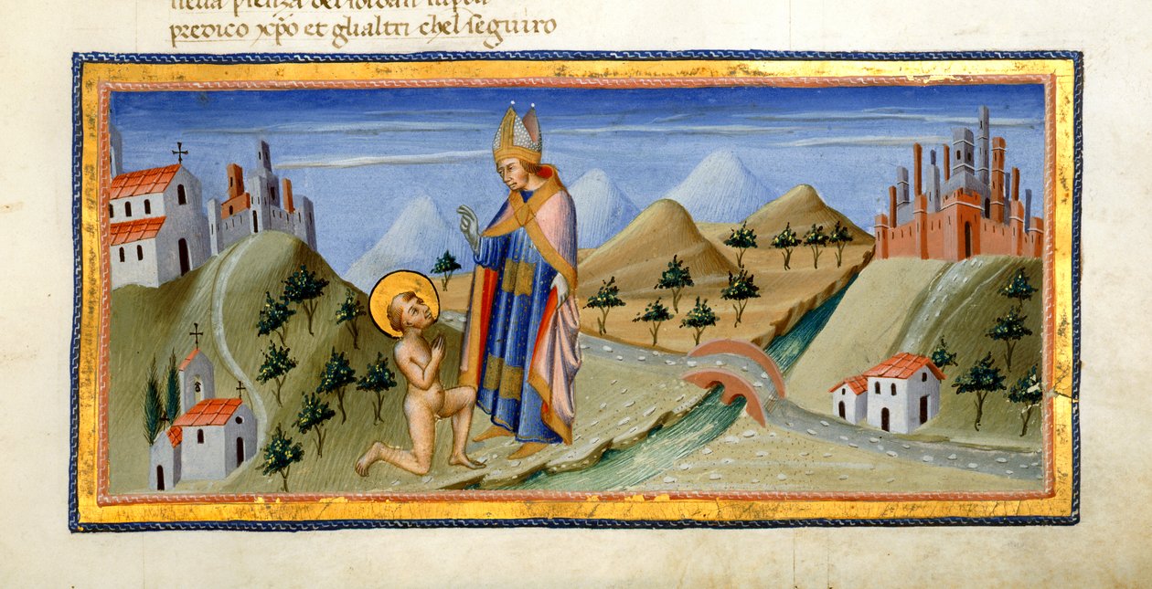Yates Thompson 36, f.149, Naga postać św. Franciszka otrzymuje błogosławieństwo biskupa Asyżu, od „Divina Commedia” Dante Alighieri, c.1444-50 (welum) autorstwa Italian School