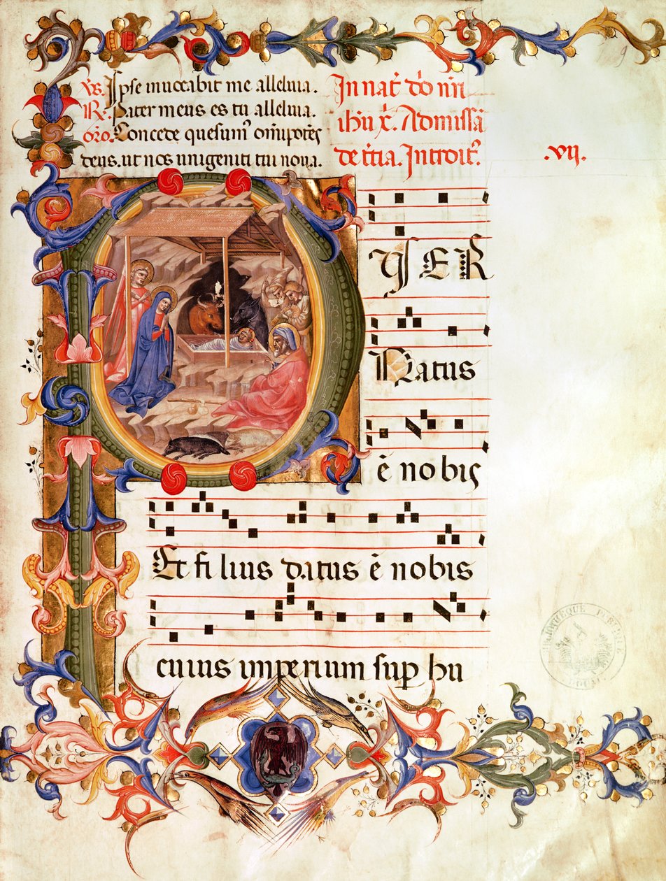 ds 1171 fol.9 Historyczny inicjał "P" przedstawiający Narodzenia, od graduału i antyfony (welum) autorstwa Italian School