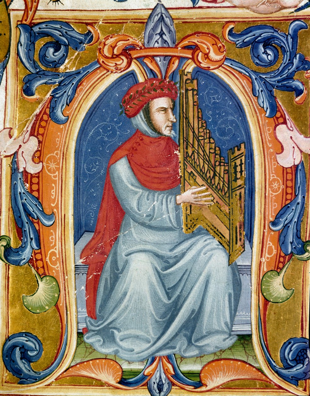 portret Francesco Landiniego lub Landino grającego na organach (1325 1397) Włoski kompozytor, organista, śpiewak, poeta. Miniatura Kodeksu Squarcialupi z XV wieku. Firenze, Biblioteka Laurenziana, Pani Med. Kumpel. 87. autorstwa Italian School