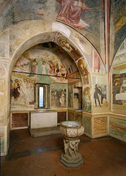 Wnętrze baptysterium z freskiem przedstawiającym sceny z życia św. Jana, autorstwa Tommaso Masolino da Panicale (1383-c.1447) (fresk) autorstwa Italian School