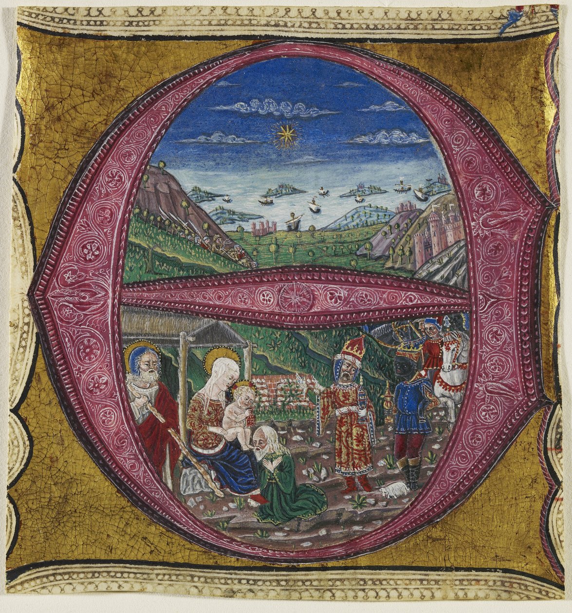 Pokłon Trzech Króli (tempera, atrament i złoto na pergaminie) autorstwa Italian School Italian School