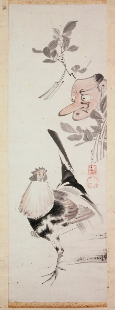 Maska Kogucik i Tengu, ok. 1775 (tusz i jasny kolor na papierze) autorstwa Ito Jakuchu