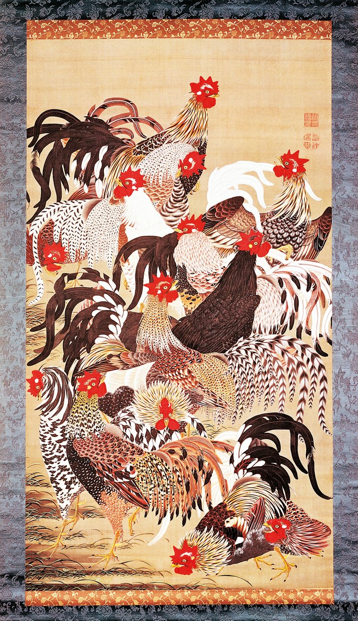 Trzynaście kogutów, z Doshoku Sai-e (Kolorowe królestwo żywych istot) Okres Edo. ok. 1757-66 (kolor na jedwabiu) autorstwa Ito Jakuchu
