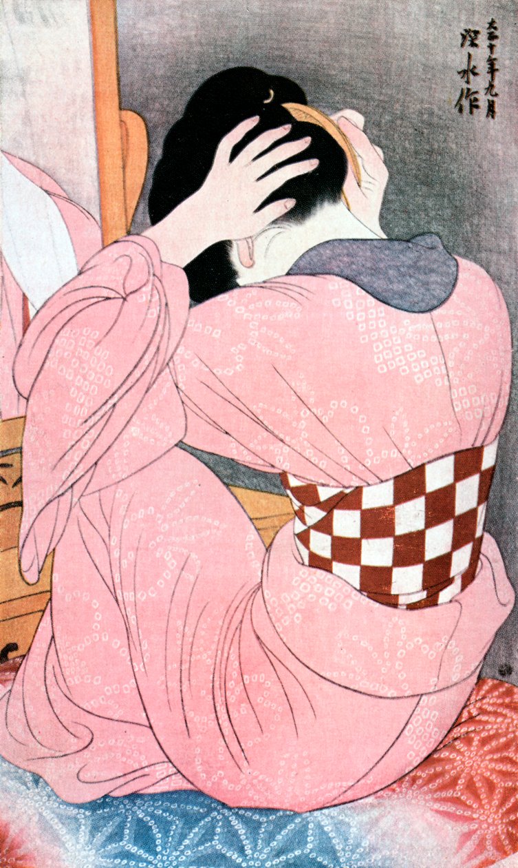 „Dziewczyna ubierająca włosy” lub „Kobieta z podpaską”, c1921. autorstwa Ito Shinsui