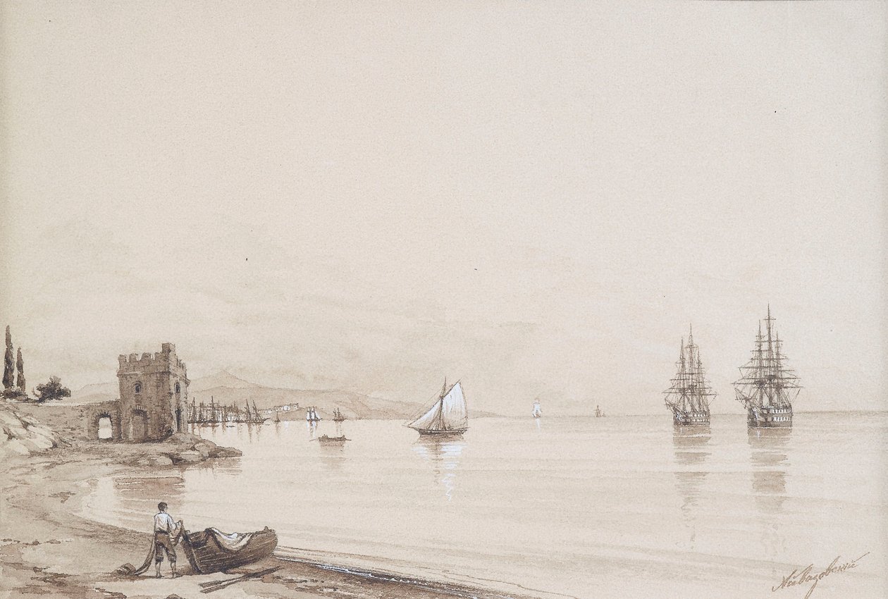 Widok na zatokę z licznymi żaglowcami (Teodozja?) autorstwa Ivan Konstantinovich Aivazovsky