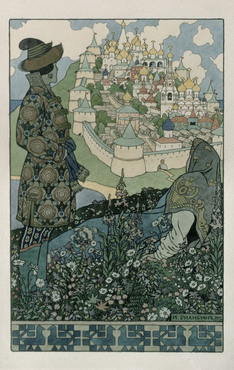 Ilustracja do „Bajki o carze Saltanie” Aleksandra Puszkina, 1905 autorstwa Ivan Yakovlevich Bilibin