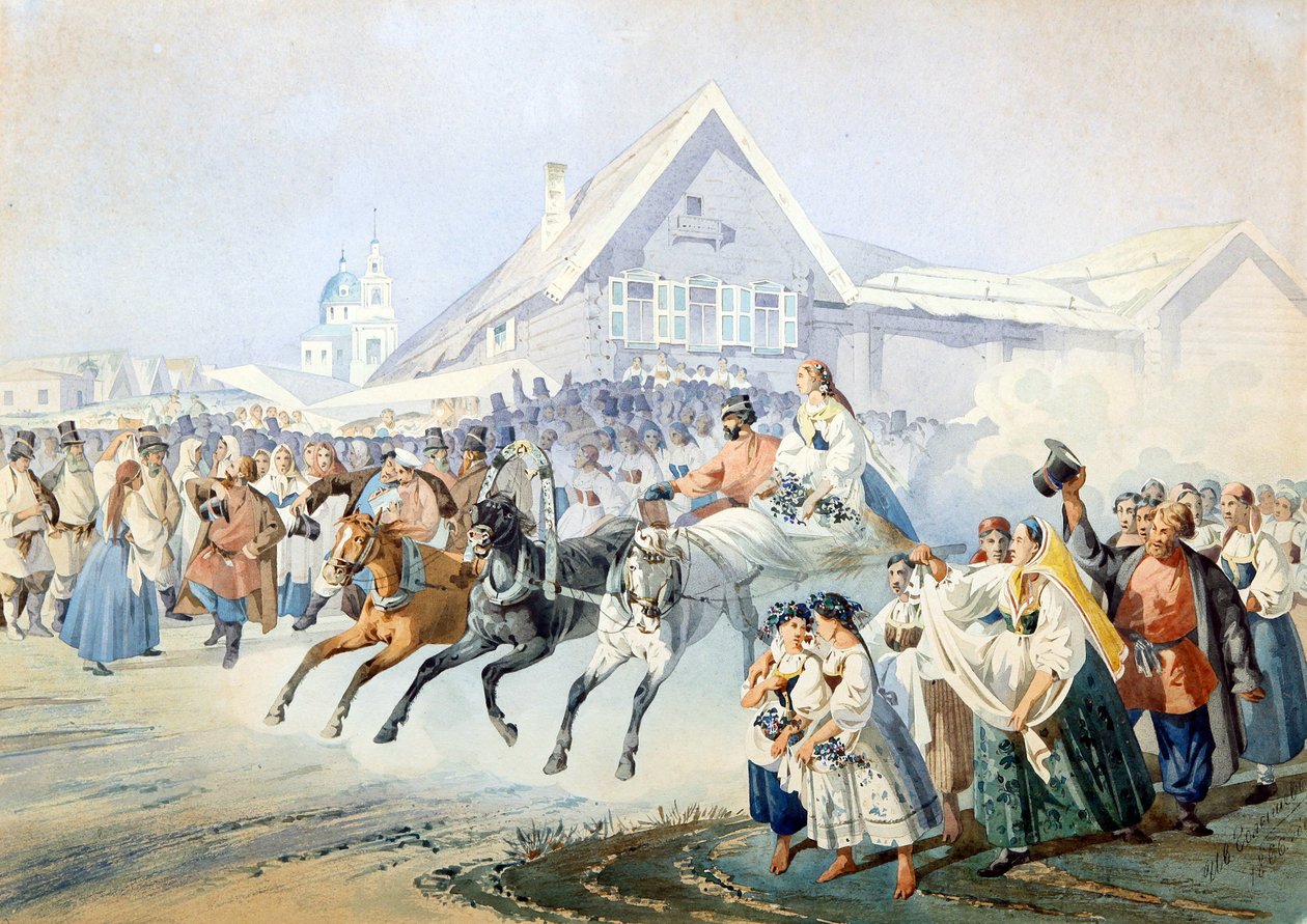 Scene de mariage - Scena weselna par Golyshev, Ivan Alexandrovich (1838-1896), - Litografia, akwarela, 33,5x47 - Kolekcja prywatna autorstwa Ivan Alexandrovich Golyshev