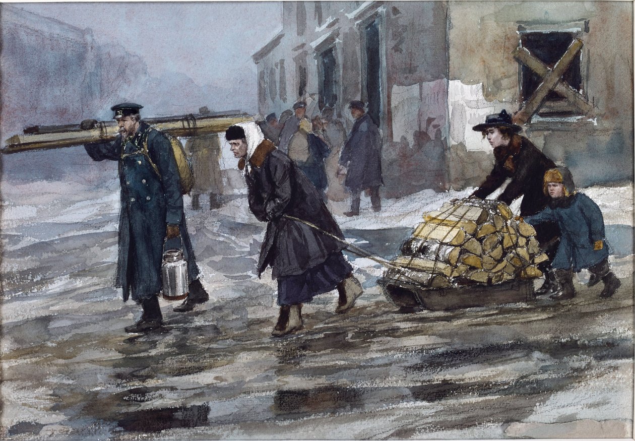 Rodzina inżyniera ciągnącego do domu paliwo przez Władimira Iwana Aleksiejewicza (1869-1947). Akwarela, gwasz na papierze autorstwa Ivan Alexeyevich Vladimirov