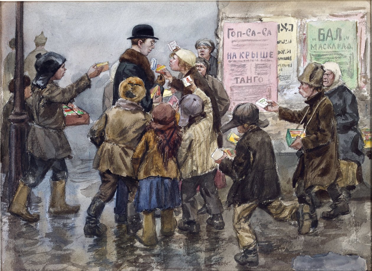 Cudzoziemiec zaatakowany przez sprzedawców papierosów w Piotrogrodzie przez Władimira Iwana Aleksiejewicza (1869-1947). Akwarela, gwasz na papierze autorstwa Ivan Alexeyevich Vladimirov