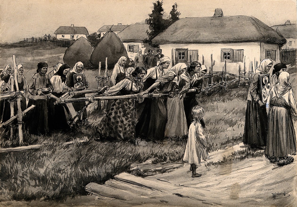 Religijna procesja cholery w wiejskiej Rosji z serii akwareli Rosyjska rewolucja, autorstwa Ivan Alexeyevich Vladimirov