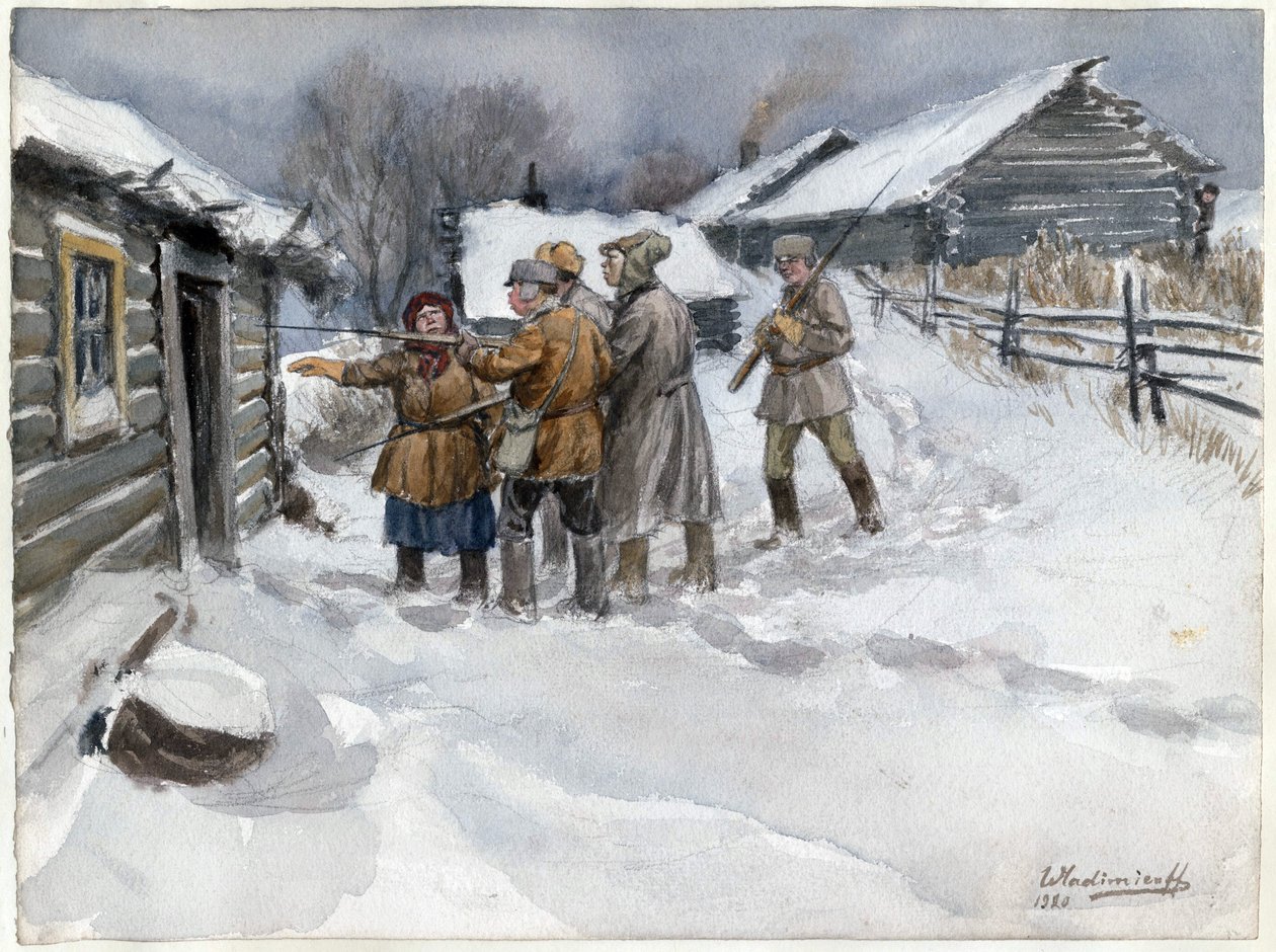 Avant la perquisition et la saisie - Przed przeszukaniem i zajęciem (z serii akwareli Rewolucja rosyjska) - Władimirow, Iwan Aleksiejewicz (1869-1947) - 1920 - Akwarela na papierze - 25,6x34,3 - Kolekcja prywatna autorstwa Ivan Alexeyevich Vladimirov