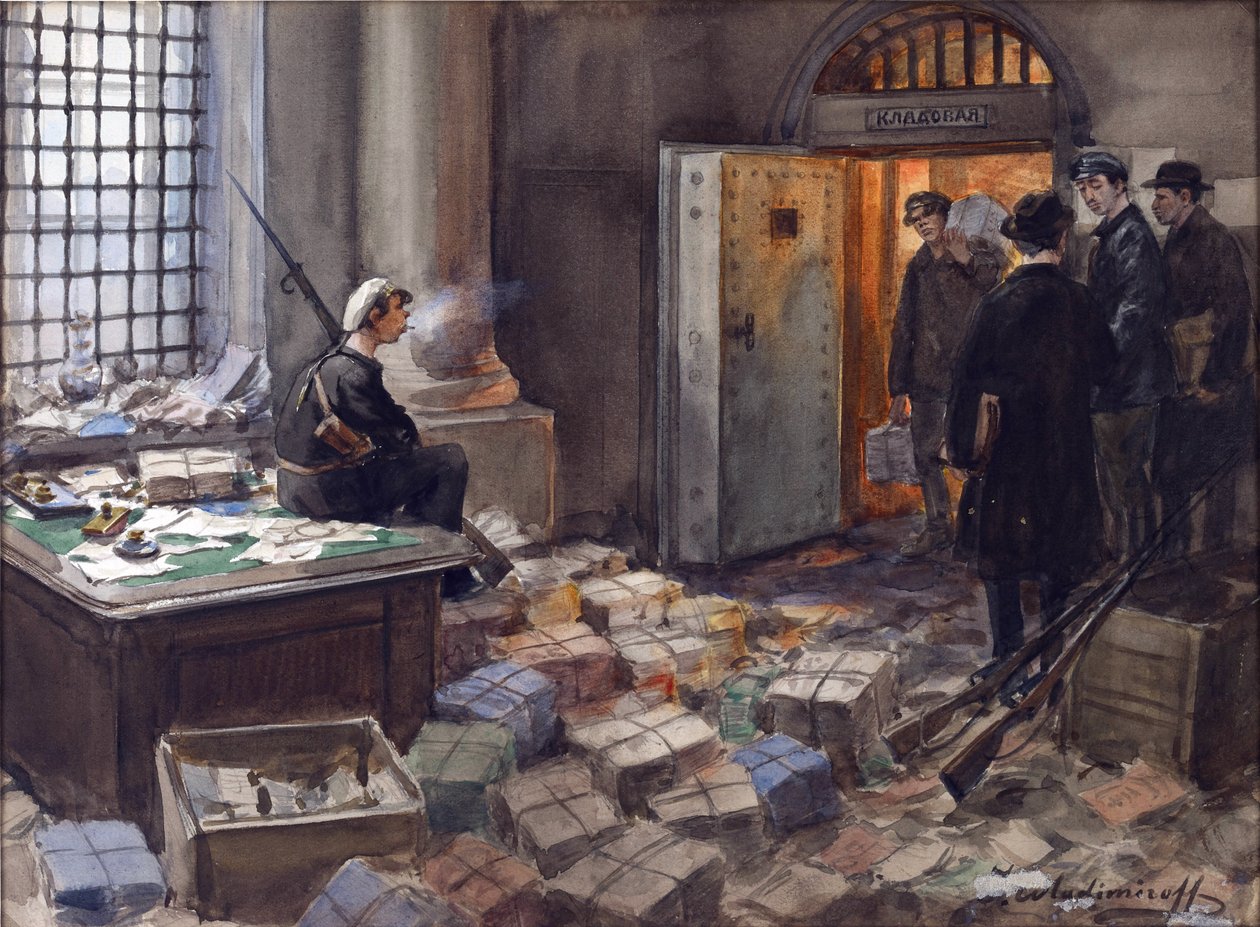 Konfiskata obligacji w Banku Wawelberga w Piotrogrodzie przez Władimira Iwana Aleksiejewicza (1869-1947). Akwarela, gwasz na papierze autorstwa Ivan Alexeyevich Vladimirov