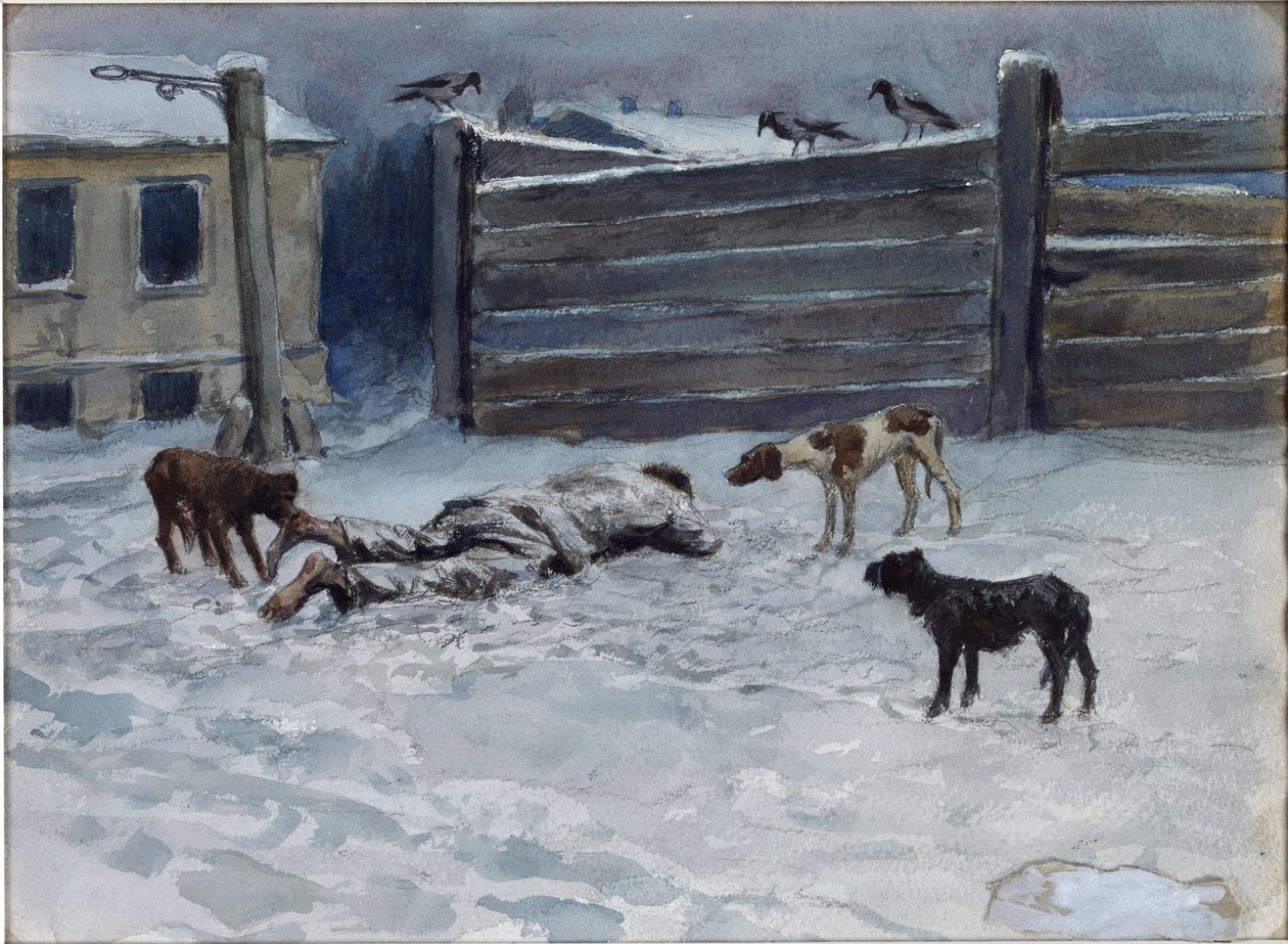 Zmarł z głodu (wyciągnięty z natury) przez Władimira Iwana Aleksiejewicza (1869-1947). Akwarela, gwasz na papierze autorstwa Ivan Alexeyevich Vladimirov
