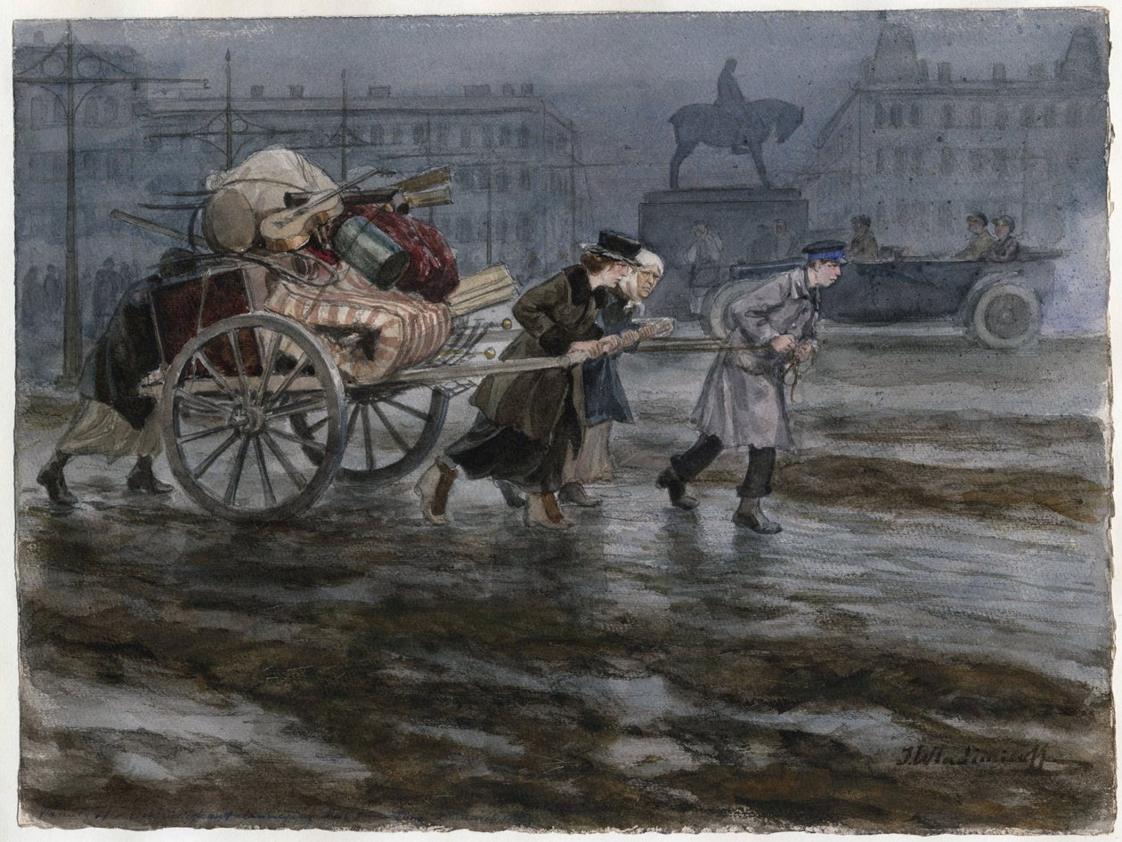 Famille demenageant ses affaires dans une charrette a bras - Rodzina przenosząca swój dobytek na wóz (z serii akwarel Rewolucja Rosyjska) - Władimirow, Iwan Aleksiejewicz (1869-1947) - 1917-1918 - Akwarela na papierze - 25,9x34,3 - Prywatna kolekcja autorstwa Ivan Alexeyevich Vladimirov