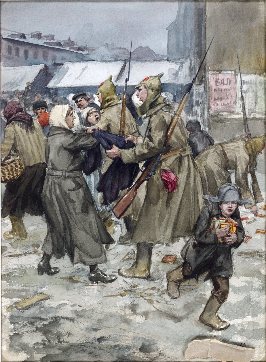 Wolny handel w Piotrogrodzie przez Władimira Iwana Aleksiejewicza (1869-1947). Akwarela, gwasz na papierze autorstwa Ivan Alexeyevich Vladimirov