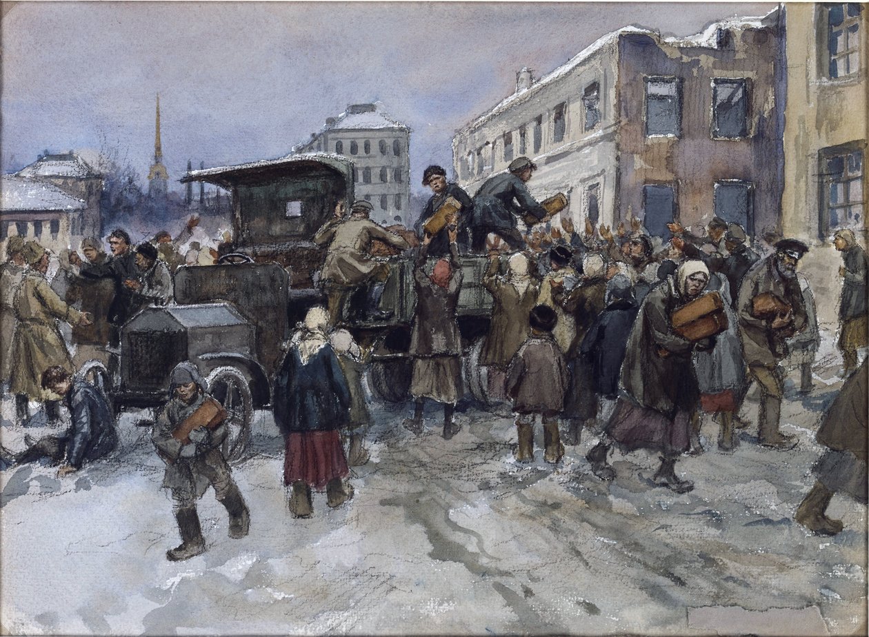 Głodni robotnicy w Piotrogrodzie rabują ciężarówkę wojskową z chlebem Władimira Iwana Aleksiejewicza (1869-1947). Akwarela, gwasz na papierze autorstwa Ivan Alexeyevich Vladimirov