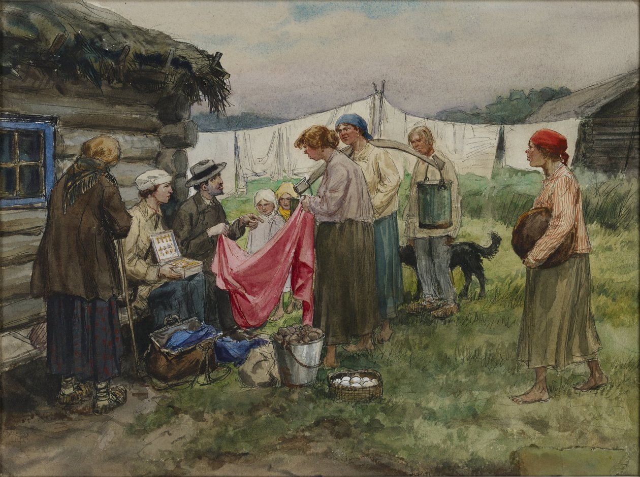 Głodne lata w Piotrogrodzie. Wymiana towaru na prowiant we wsi niedaleko dworca kolejowego przez Władimira Iwana Aleksiejewicza (1869-1947). Akwarela, gwasz na papierze autorstwa Ivan Alexeyevich Vladimirov