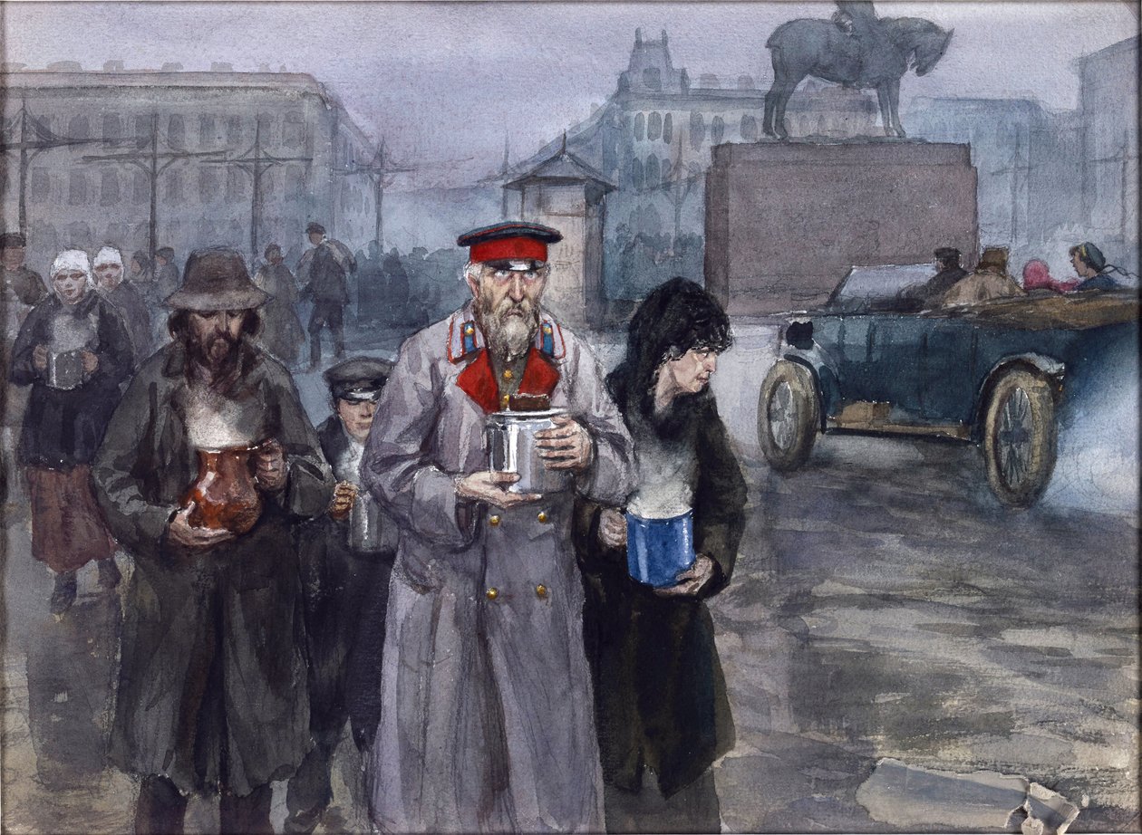 Głodne lata w Piotrogrodzie. Powrót z ogólnodostępnej zupy przez Władimira Iwana Aleksiejewicza (1869-1947). Akwarela, gwasz na papierze autorstwa Ivan Alexeyevich Vladimirov