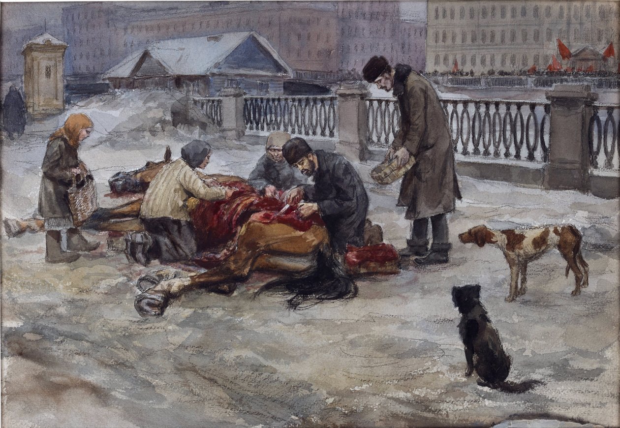 Lata głodu w Piotrogrodzie przez Władimira Iwana Aleksiejewicza (1869-1947). Akwarela, gwasz na papierze autorstwa Ivan Alexeyevich Vladimirov