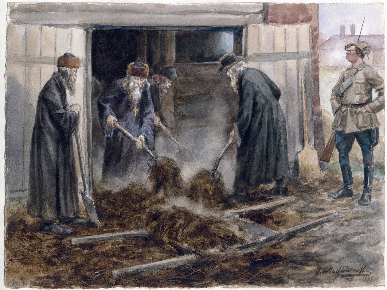Le clerge russe pelletant le fumier - Rosyjscy duchowni przerzucający siano: wrzesień 1918 (z serii akwarel rewolucja rosyjska) - Władimirow, Iwan Aleksiejewicz (1869-1947) - 1918 - Akwarela na papierze - 25,8x34,3 - Kolekcja prywatna autorstwa Ivan Alexeyevich Vladimirov